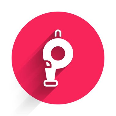 Beyaz Düdük simgesi uzun gölgeyle izole edildi. Hakem sembolü. Spor ve spor burcu. Kırmızı daire düğmesi. Vektör.