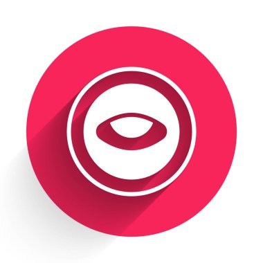 Göz ikonuna sahip beyaz madalyon, uzun gölgeli arka plan. Gözlü tılsım. Kırmızı daire düğmesi. Vektör