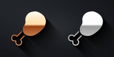 Altın ve gümüş tavuk budu ikonu siyah arka planda izole edildi. Tavuk budu. Uzun gölge tarzı. Vektör