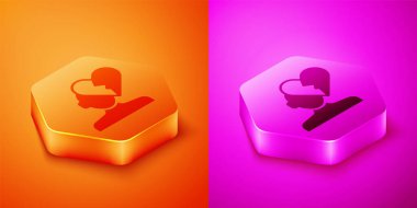 Isometric Kırık Kalp veya boşanma ikonu turuncu ve pembe arka planda izole. Aşk sembolü. Sevgililer Günü. Altıgen düğmesi. Vektör