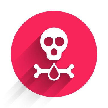 Beyaz Kemikler ve Kafatası toksik uyarı simgesi olarak izole edilmiş uzun gölge arkaplanı. Kırmızı daire düğmesi. Vektör