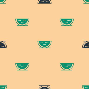 Green and black Watermelon icon isolated seamless pattern on beige background.  Vector