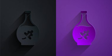 Paper cut Essential oil bottle icon isolated on black on purple background. Organic aromatherapy essence. Skin care serum glass drop package. Paper art style. Vector