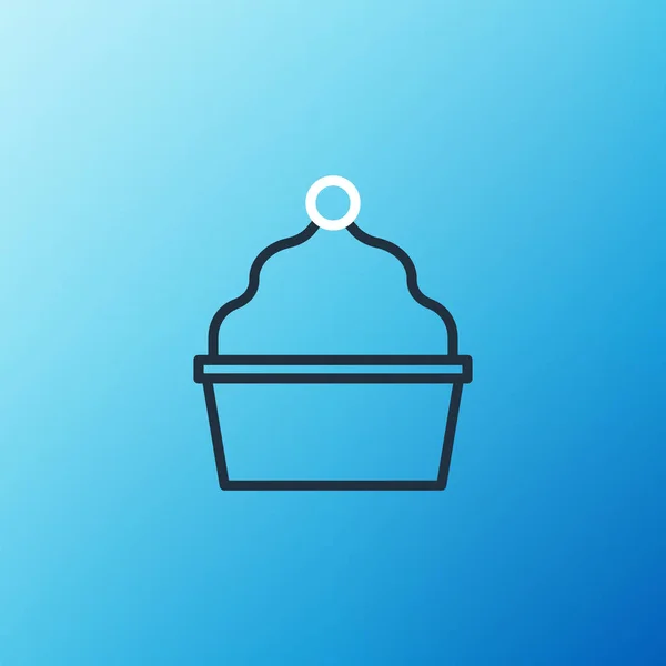 ラインケーキアイコンは青の背景に孤立しています 誕生日おめでとう カラフルなアウトラインコンセプト ベクトル — ストックベクタ