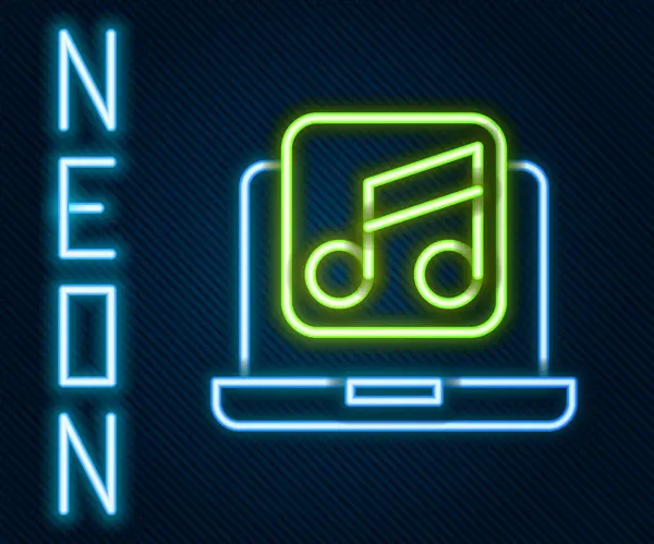 Λαμπερό Νέον Γραμμή Laptop Σύμβολο Σημείωμα Μουσικής Στην Οθόνη Εικονίδιο — Διανυσματικό Αρχείο