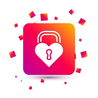 Beyaz arka planda izole edilmiş kalp ikonu şeklinde bir Beyaz Kale. Kilitli Kalp. Aşk sembolü ve anahtar deliği işareti. Sevgililer günün kutlu olsun. Kare renk düğmesi. Vektör