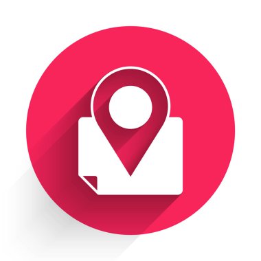 Konum imleci simgesine sahip beyaz katlı harita uzun gölge arkaplanı ile izole edildi. Kırmızı daire düğmesi. Vektör