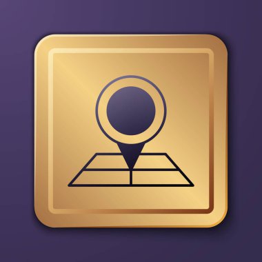 Mor katlı harita, mor arkaplanda izole edilmiş konum imleci simgesi. Altın kare düğme. Vektör