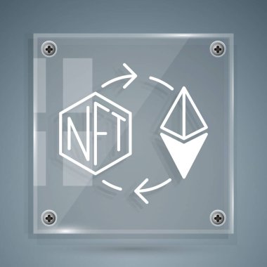Beyaz Ethereum değişim simgesi gri arkaplanda izole edildi. Para iadesi olmayan jeton. Dijital kripto sanat konsepti. Kare cam paneller. Vektör