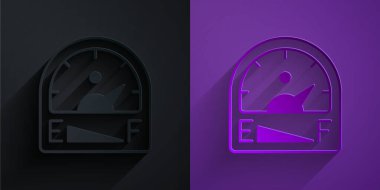 Paper cut Motor gas gauge icon isolated on black on purple background. Empty fuel meter. Full tank indication. Paper art style. Vector
