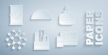 Petrol endüstrisi binası, alkol yakıcısı, molekül yağı, fiyat artışı, hız göstergesi ve fıçı ikonu. Vektör