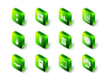 Kahve makinesini, pasta grafiğini, hesap makinesini, saati, yazıcıyı, takvimi, dizüstü bilgisayarı ve Spiral defter simgesini ayarla. Vektör