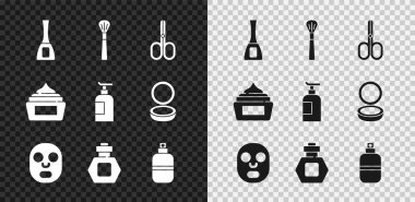 Tırnak cilası şişesi, makyaj fırçası, makas, yüz estetiği maskesi, parfüm, krem tüp ve ikon. Vektör
