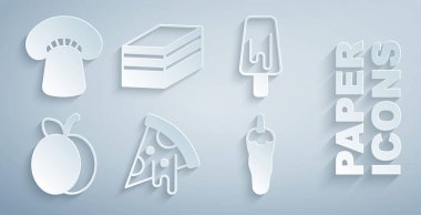 Bir dilim pizza, dondurma, erik meyvesi, acı biber, parça kek ve mantar ikonu. Vektör