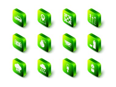 Piknik yeri, kareli peçete, ızgara şiş kebap şişesi, termos kabı, bir şişe su, karpuz, dondurma ve yağmur ikonlu bulut. Vektör