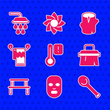 Sauna termometresi, yüz kozmetik maskesi, kepçe, fırça, ahşap bank, havluyu askıya al, tahta kütük ve duş ikonu. Vektör