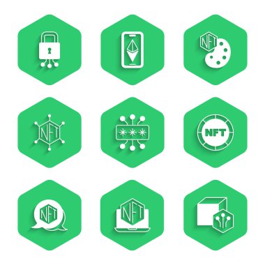 Siber güvenliği ayarlayın, bilgisayarlı sanat mağazası uygulaması, NFT dijital şifreleme, engelleme zinciri teknolojisi ve simge. Vektör