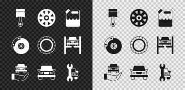 Motor pistonunu, araba için tekerleği, teneke benzini, otomobili kontrol et otomobili, araba, kalibre ve lastik ikonlu fren diskini ayarla. Vektör
