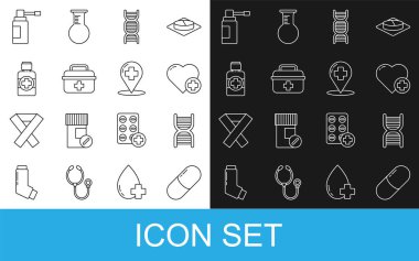 İlaç hapı ya da tablet, DNA sembolü, haçlı kalp, ilk yardım çantası, ilaç şurubu şişesi enjektör spreyi ve harita işaretleyici hastane ikonu. Vektör