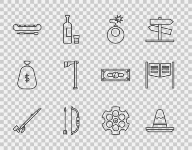 Yerli Amerikan Yerlisi sigara piposu, Meksika şapkası, patlamaya hazır bomba, ok ve yay, kano ya da kürek, Tomahawk baltası, Revolver silindiri ve salon ikonu. Vektör