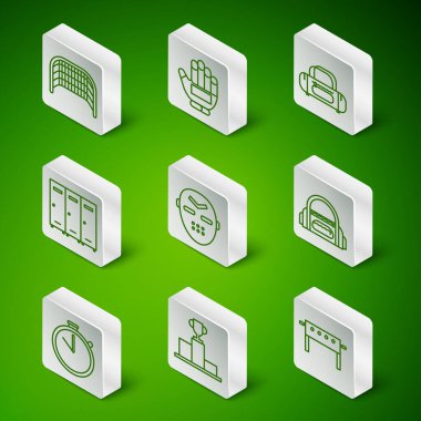 Hokey masası, spor podyumu, buz hokeyi golü, maske, soyunma odası, eldiven, Kronometre ve spor çanta ikonu. Vektör