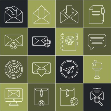 Zarfı büyüteçle, posta kutusuyla, konuşma baloncuğuyla, kalkanla, gelen mesaj konseptiyle ve adres defteri simgesiyle ayarla. Vektör