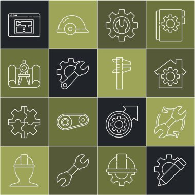 Kalem ve teçhizatı ayarla, Wrench oklarını iş akışı olarak kullan, anahtarı olan ev, pusula, plan ve Calliper kalibre simgesi. Vektör