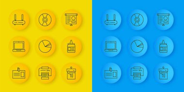 Satır tanımlama rozeti, Laptop, Pie grafik bilgisi, Takvim, Yapıştırıcı, Yönlendirici ve Wi-fi sinyali, diyagramı ve CD veya DVD disk simgesine sahip tebeşir tahtası ayarla. Vektör