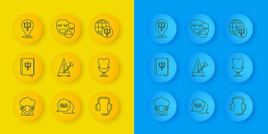 Depresyon, Psikoloji, Psi, sarkacılı Metronom, Çevrimiçi Psikolog, Koltuk, Psikoloji ve Komedi ve Trajedi Maskeleri ikonu. Vektör