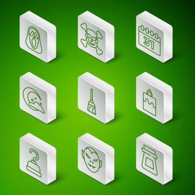 İksirli şişe, vampir, komik ve korkunç hayalet maskesi, cadı süpürgesi, ay yıldızları, kafatası çapraz kemikleri, korsan kancası ve yanan mum ikonu. Vektör