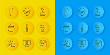 Set hattı, balkabağı, cadılar bayramı cadı kazanı, cadı süpürgesi, takvim, et helikopteri, korsan kancası ve vampir ikonu. Vektör