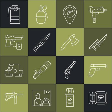 Avcı silahı, tabanca ya da silah, süngü tüfeği, yeri, askeri bıçak, silah satın alma, el bombası ve tahta balta ikonu. Vektör