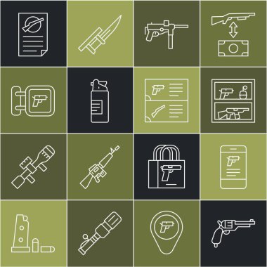 Revolver silahı, seyyar uygulama mağazası, avcılık dükkanı, küçük makine M3, silah yağı şişesi, Ateşli Silahlar ruhsatı ve katalog ikonu. Vektör