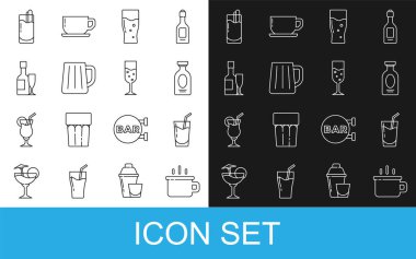 Set kahve fincanı, kokteyl, alkol, rom, cam bira, tahta bardak, şampanya şişesi ve bardak, Bloody Mary ve şampanya ikonu. Vektör