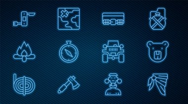 Bandana ya da motorcu eşarbı, Ayı kafası, av fişeği kemeri, pusula, kamp ateşi, İsviçre çakısı off road ve Afrika safari haritası ikonu. Vektör