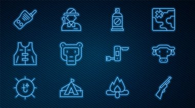 Av tüfeği, Afrika bufalosu kafası, böceklere karşı sprey, maymun, ceket, telsiz, İsviçre çakısı ve avcı ikonu. Vektör