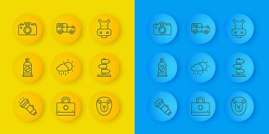 El fenerini ayarla, böceklere karşı sprey boya yağmurlu bulut, vahşi aslan, trafik işareti, fotoğraf makinesi, hipopotam ya da suaygırı ve off road car ikonu. Vektör