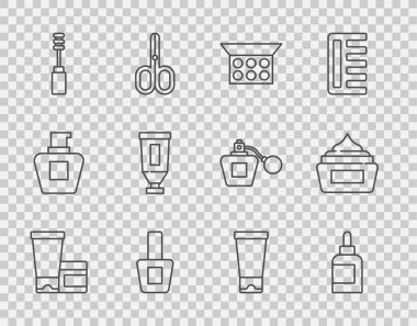 Krem ya da losyon kozmetik tüpü, aynalı makyaj tozu, tırnak cilası şişesi, Mascara fırçası ve ikon. Vektör