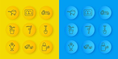 Korkuluk, saksıda bitki, tırpan, su kutusu, kürek, çamurlu el arabası, kamyonet ve yumurta ikonu. Vektör