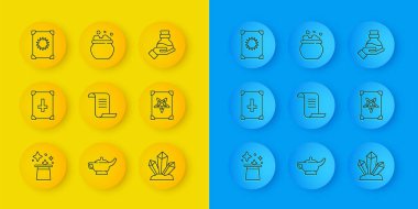 Sihirli şapka, Antik büyü kitabı, taş, iksirli şişe ve cadı kazanı ikonu. Vektör