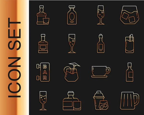 Set Line Tasse Bière Bois Bouteille Champagne Cocktail Bloody Mary — Image vectorielle