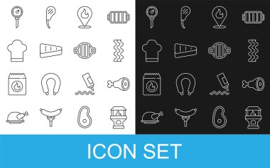 Tuğla ocağı, tavuk budu, pastırma şeridi, ateş alevli yer, biftek eti, şef şapkası, mutfak termometresi ve ızgara ikonu. Vektör