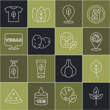 Yaprak ya da yapraklar, vejetaryen yemek diyeti, patates, gömlek ve yüz maskesi ikonu. Vektör