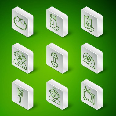 Retro TV, büyükanne, gözlük, Dumbbell, büyükbaba, ilaç şişesi hapları, koltuk değneği ya da koltuk değneği ve ikon. Vektör