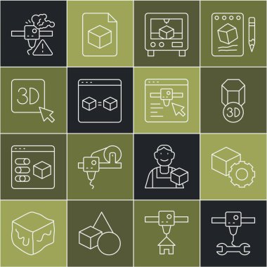 Satır 3D yazıcı anahtarı anahtarı anahtarı, Isometric küp, mükemmel kopya, uyarı ve simge ayarı. Vektör