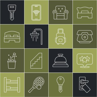 Hat dijital kapı kilidi, yıldız derecesi, telefon ahizesi, Kol sandalyesi, Duş, otel odası yatağı, anahtar ve çanta ikonu. Vektör