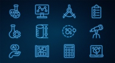 Chemical formülü, Teleskop, Çizim pusulası, Yükseklik geometrik figür, Test tüpü, zehirli sıvı, Atom ve Genetik mühendisliği ikonu. Vektör