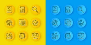 Çizgi zamanlayıcı kiti, mikroorganizmalar büyüteç, hesap makinesi, genetik mühendislik, ilaç, hasta kaydı, büyüteç ve simge altında. Vektör