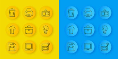 Satır satırı Disket, Bulut veritabanı, Evrak çantası, Zarf, Ampul, Çöp kutusu, Kimlik kartı ve Yazıcı simgesi ayarla. Vektör