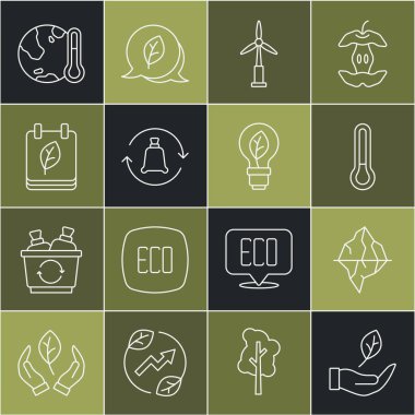 Hattı hizaya getirin, Yaprak, Iceberg, Termometre, Rüzgar türbini, geri dönüşümlü çöp torbası, takvim sonbahar yaprakları, küresel ısınmaya erime ve ampul yaprağı ikonu. Vektör